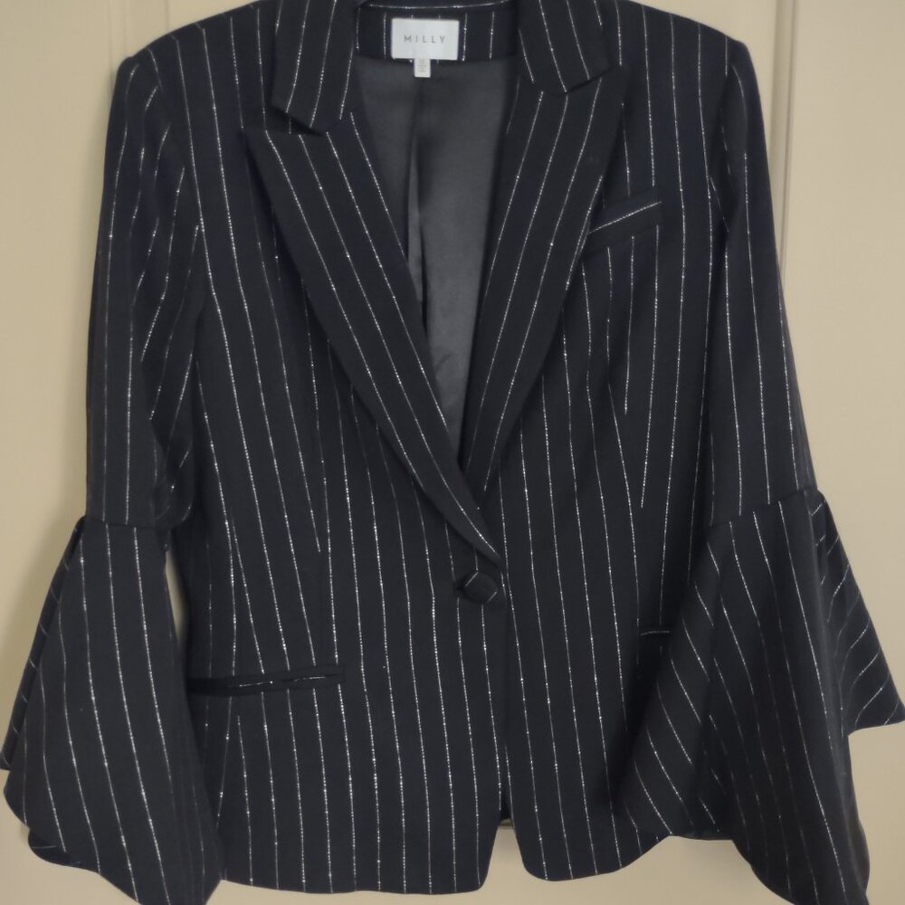 Milly Jacket Black w/ Silver Pin Stripes Satin Flared Sleeves Sz 12